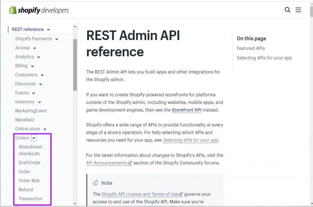 shopify API documentation